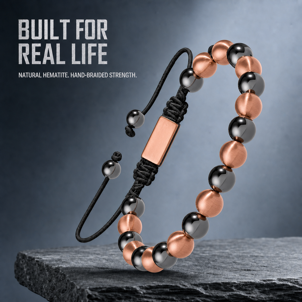 Hematiteforce Brushed Rose Copper Adjustable Hematite Bracelet for Men