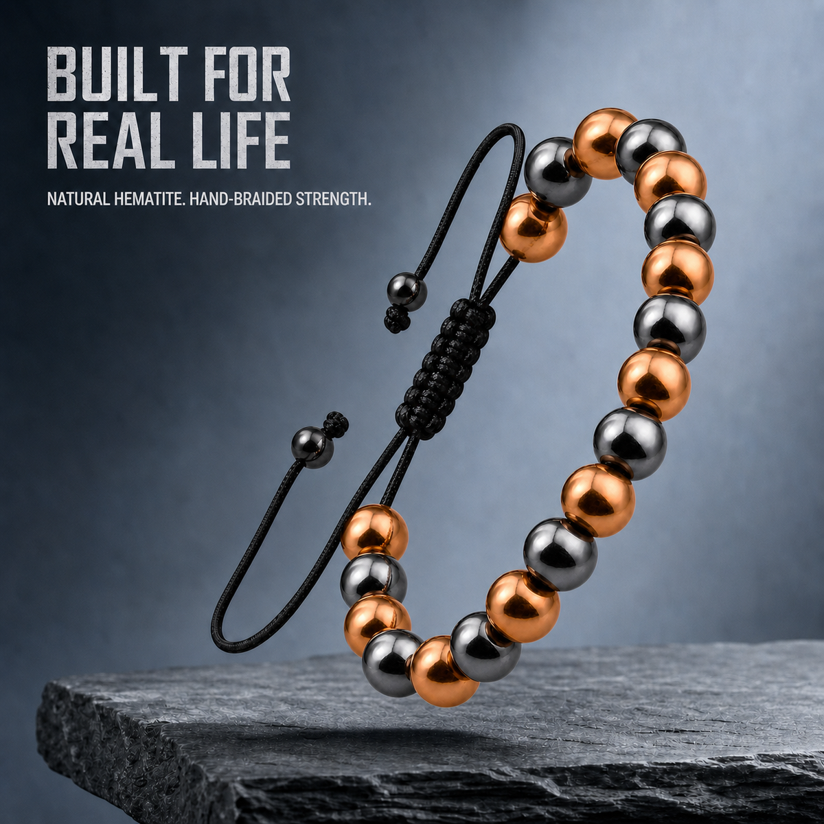 Hematiteforce Polished Rose Copper Adjustable Hematite Bracelet for Men
