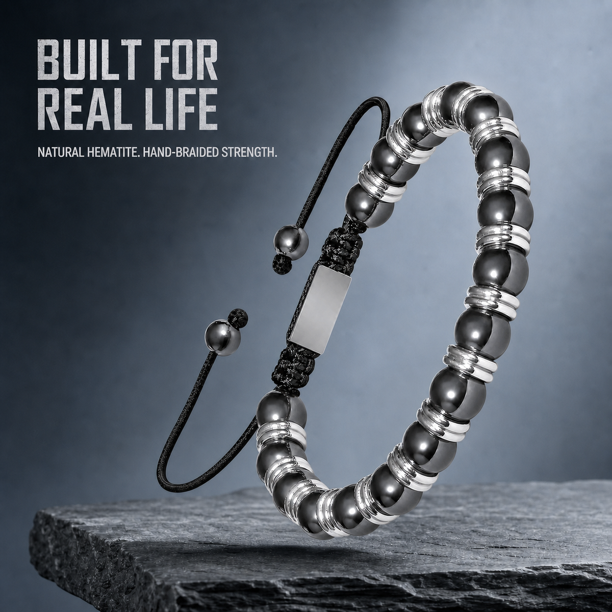 Hematiteforce Silver Rhythm Adjustable Hematite Bracelet for Men