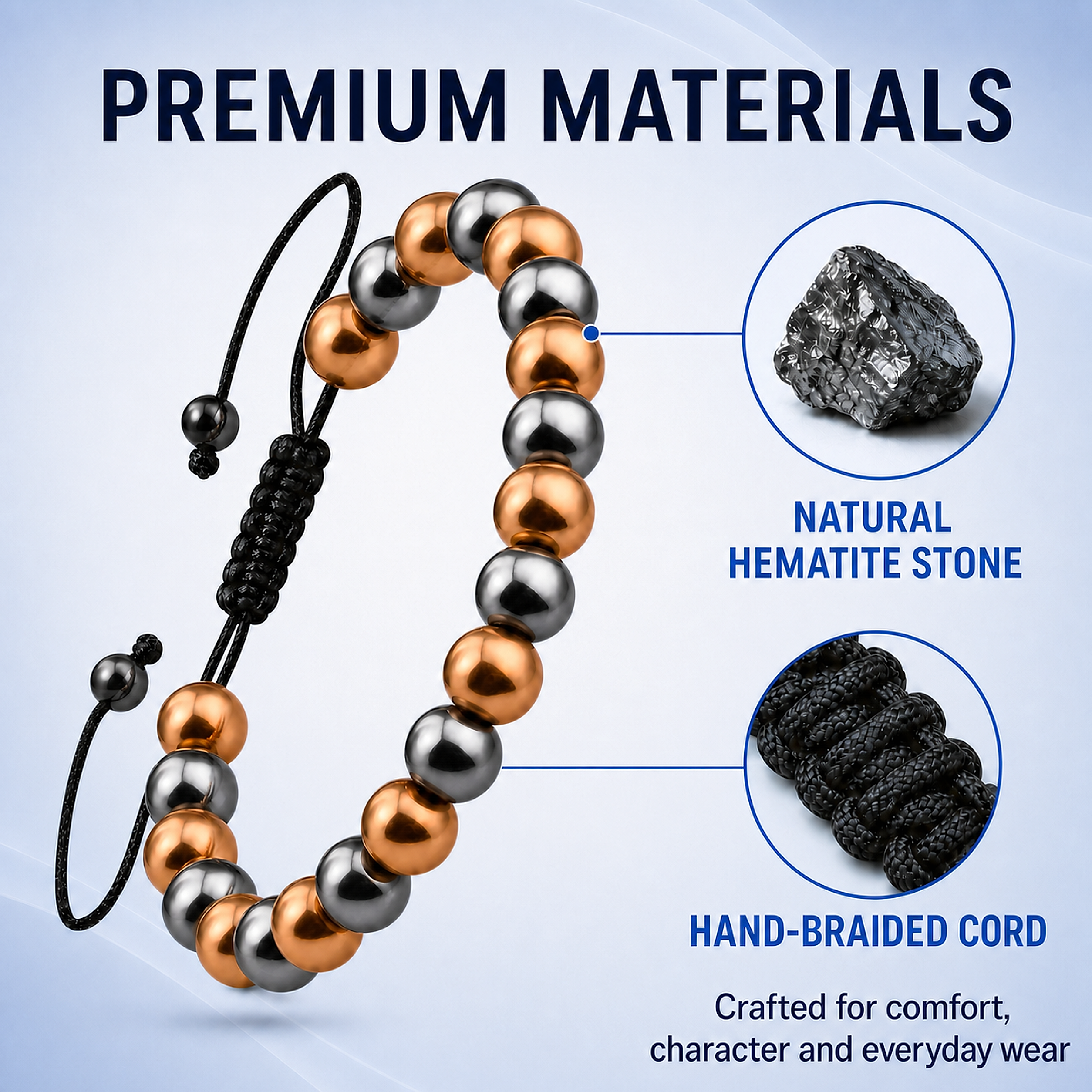 Bracelet en hématite réglable pour hommes Hematiteforce en hématite polie cuivre rosé
