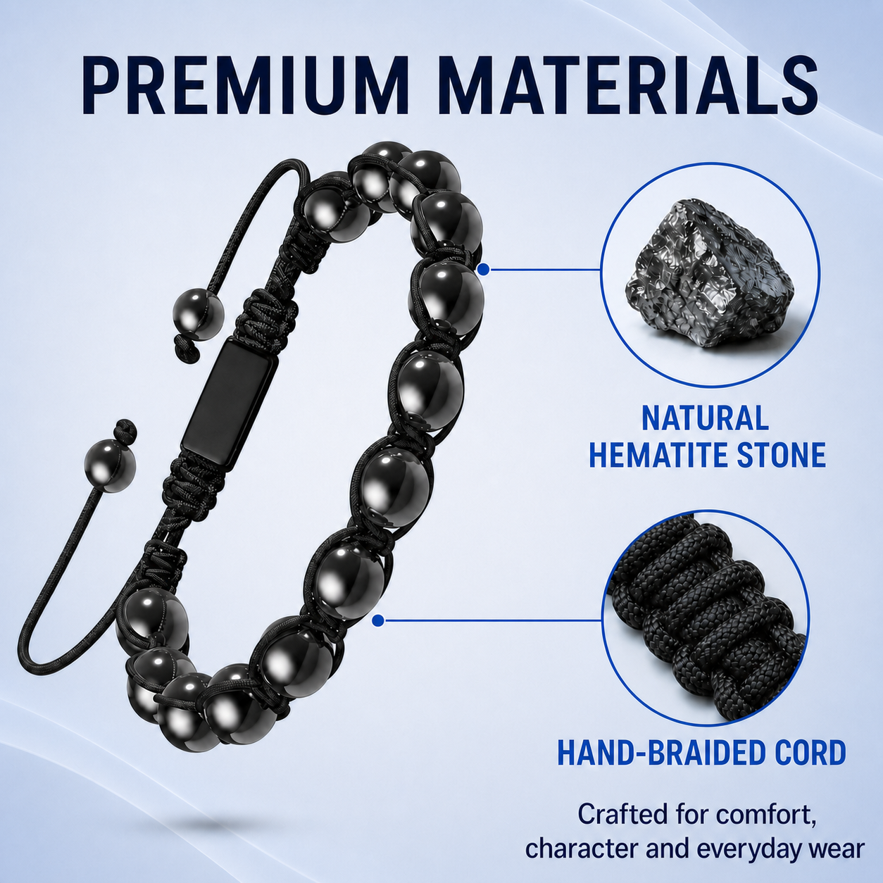 Bracelet ajustable en hématite "Nœud d'ombre" Hematiteforce pour hommes
