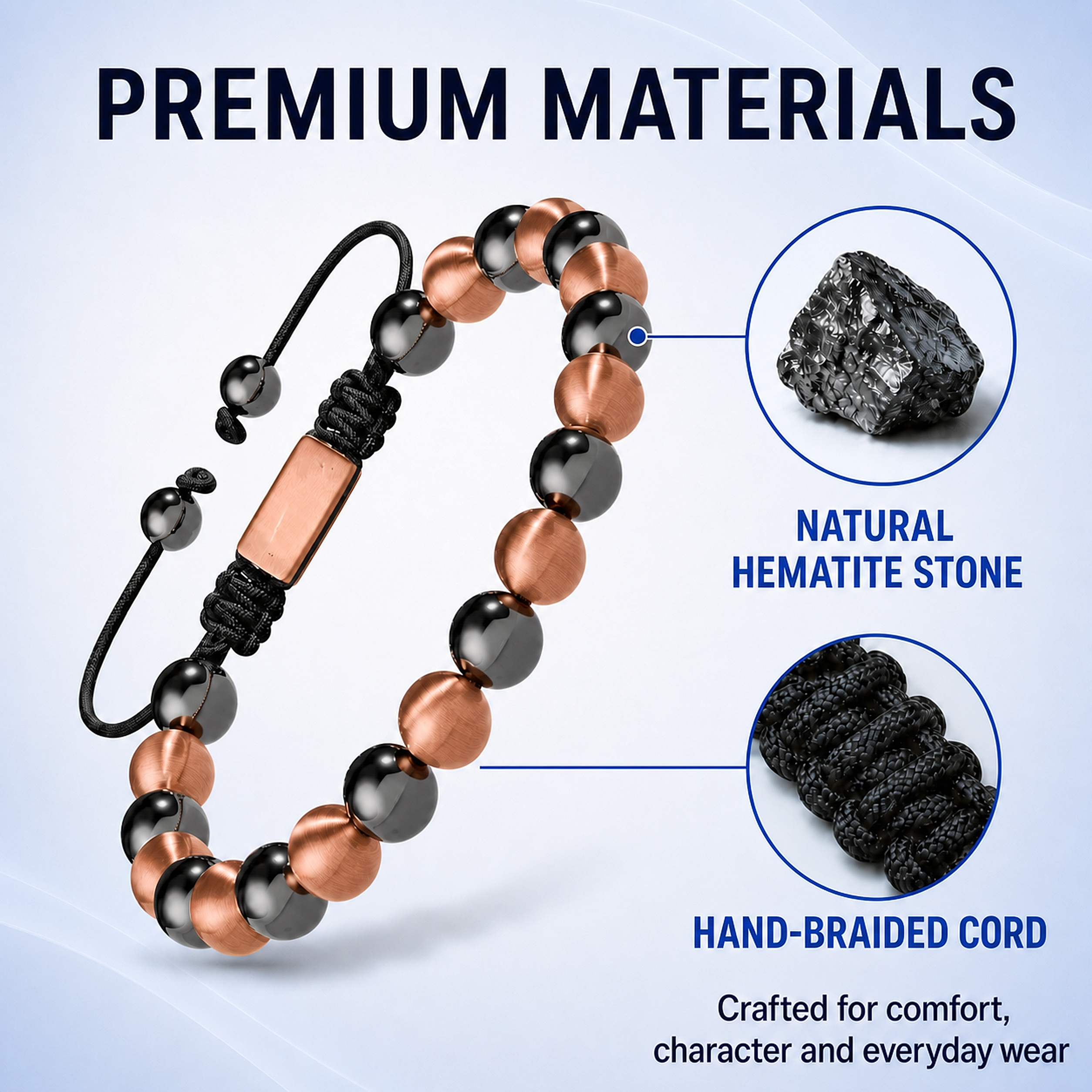 Bracelet ajustable en hématite Hematiteforce, cuivre rose brossé, pour homme