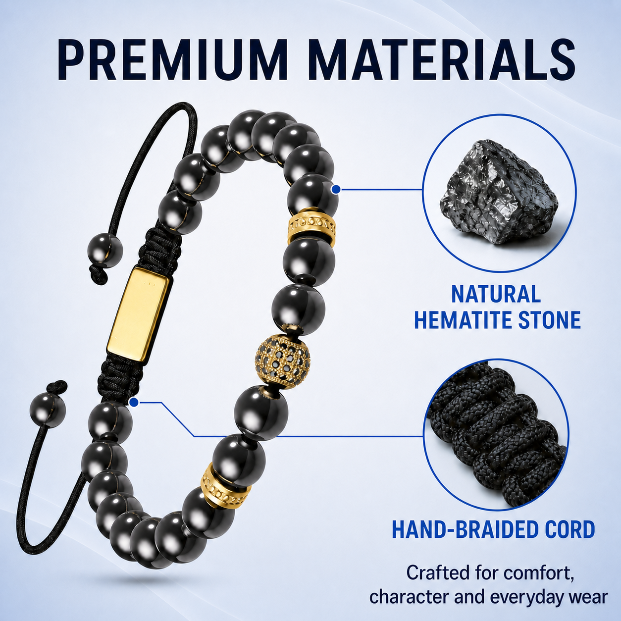 Bracelet en hématite ajustable Zeus Gold de Hematiteforce pour hommes