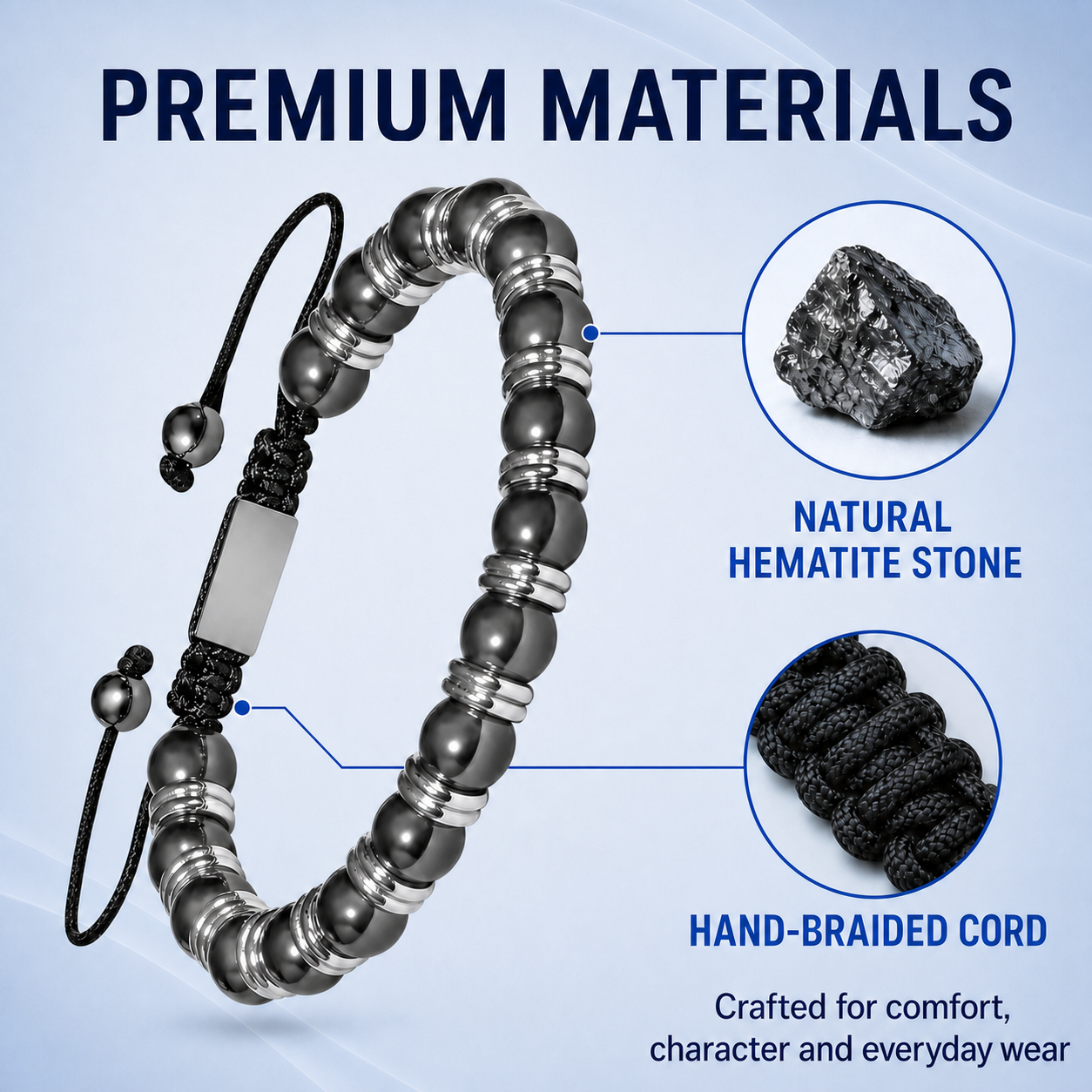 Bracelet réglable pour homme en hématite Hematiteforce Silver Rhythm