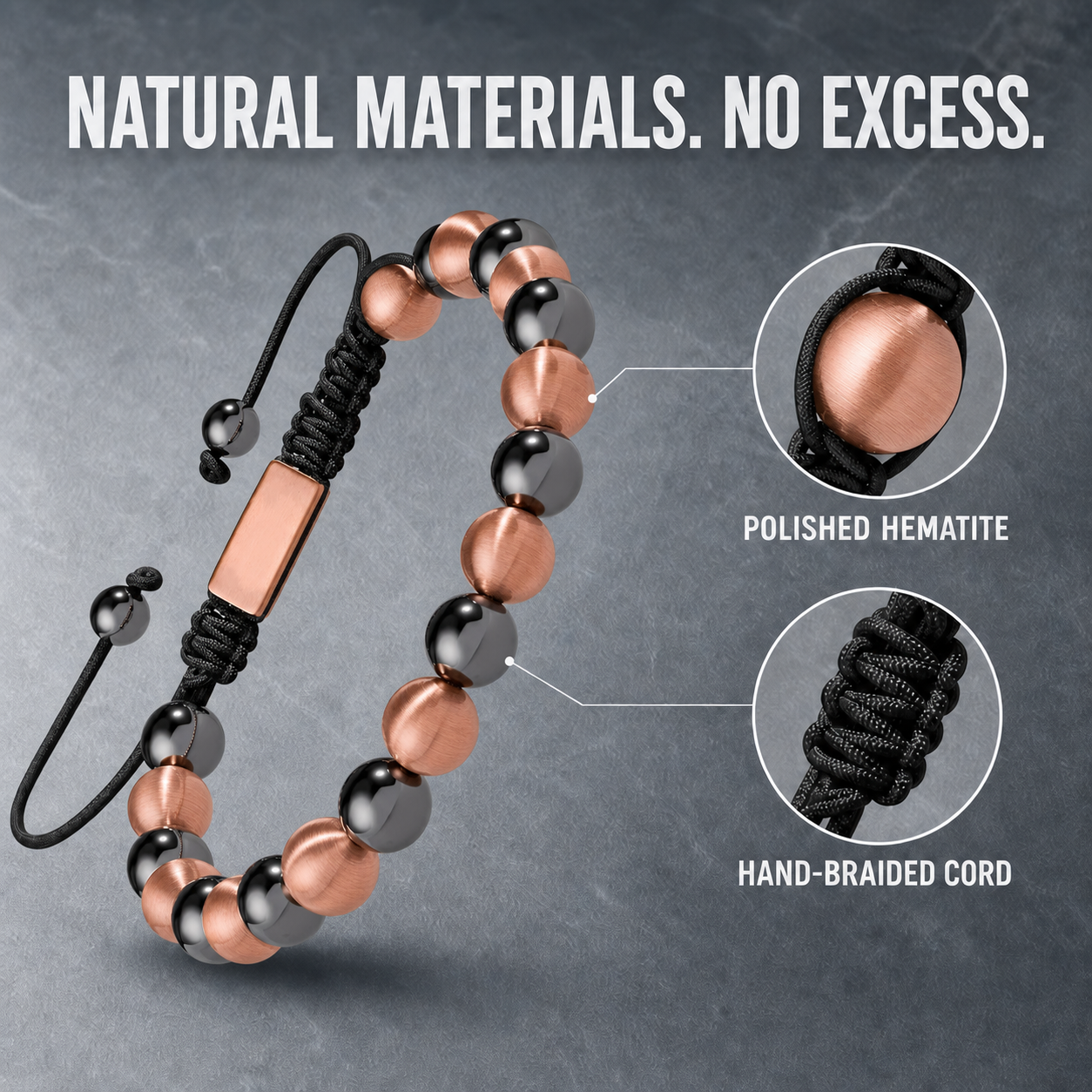 Hematiteforce Brushed Rose Copper Adjustable Hematite Bracelet for Men
