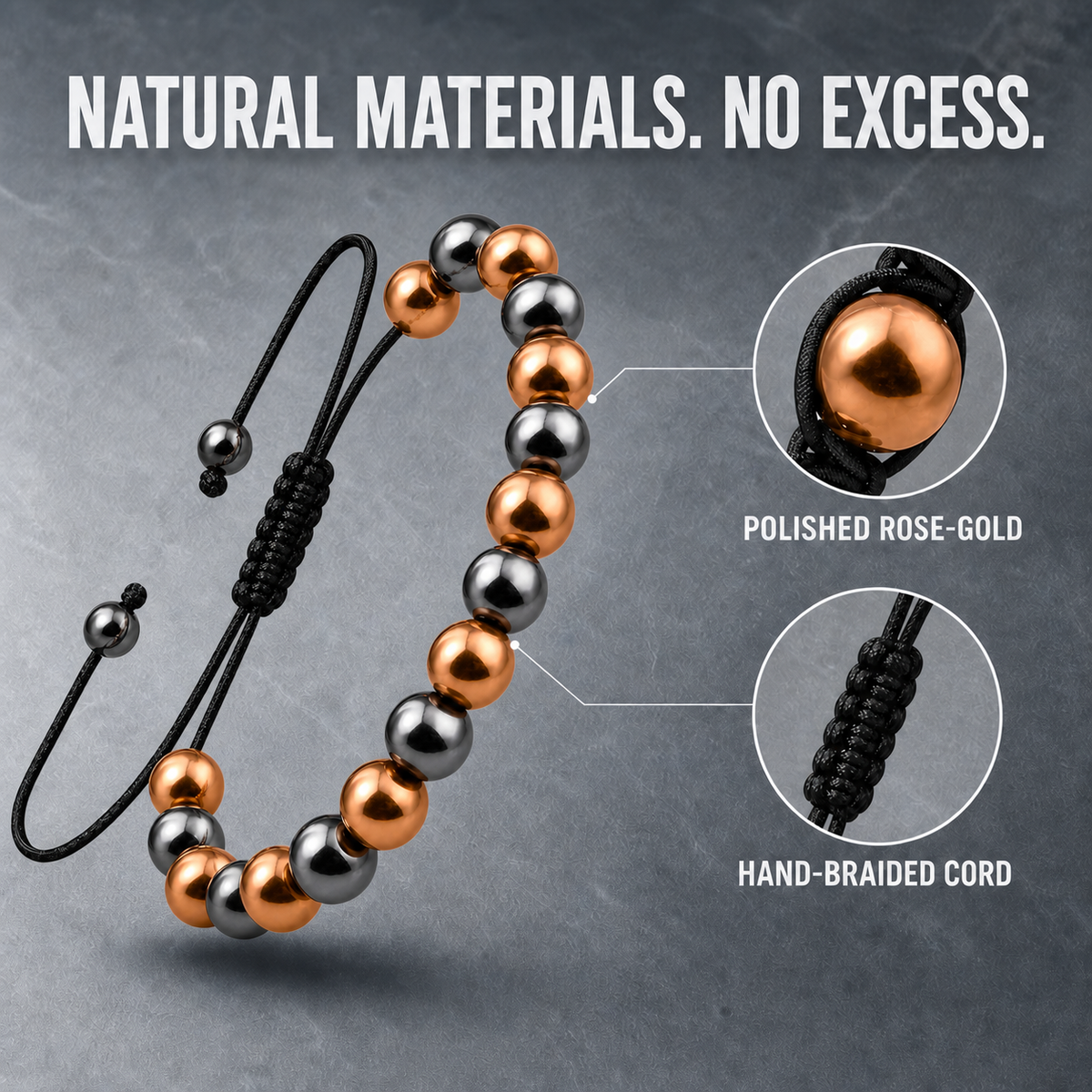 Hematiteforce Polished Rose Copper Adjustable Hematite Bracelet for Men
