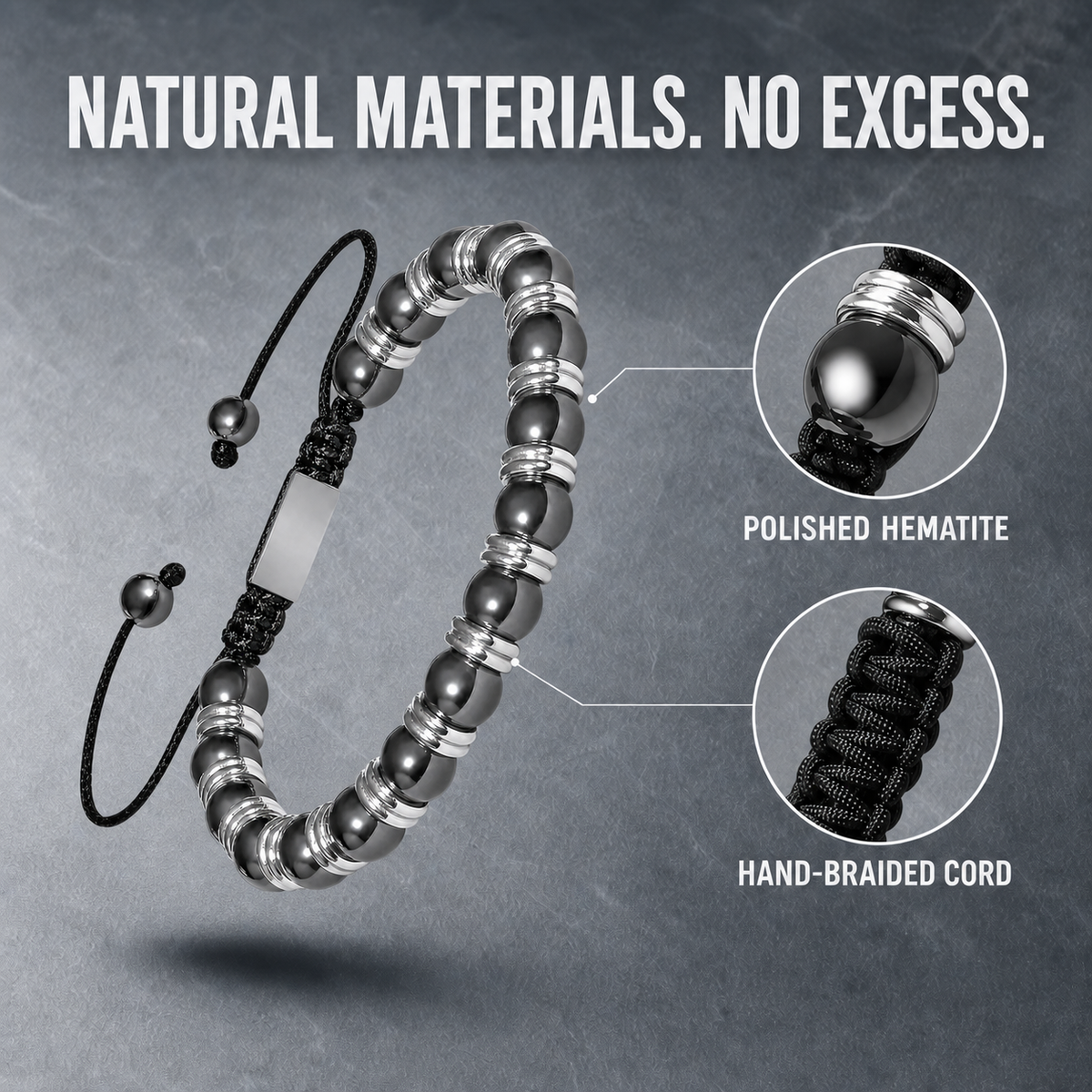 Hematiteforce Silver Rhythm Adjustable Hematite Bracelet for Men