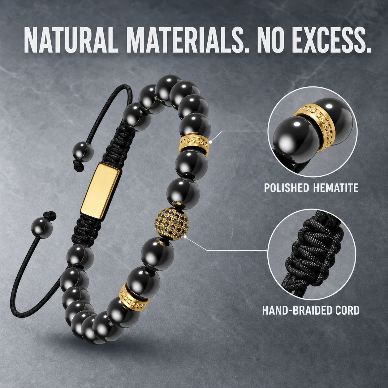 Hematiteforce Zeus Gold Adjustable Hematite Bracelet for Men