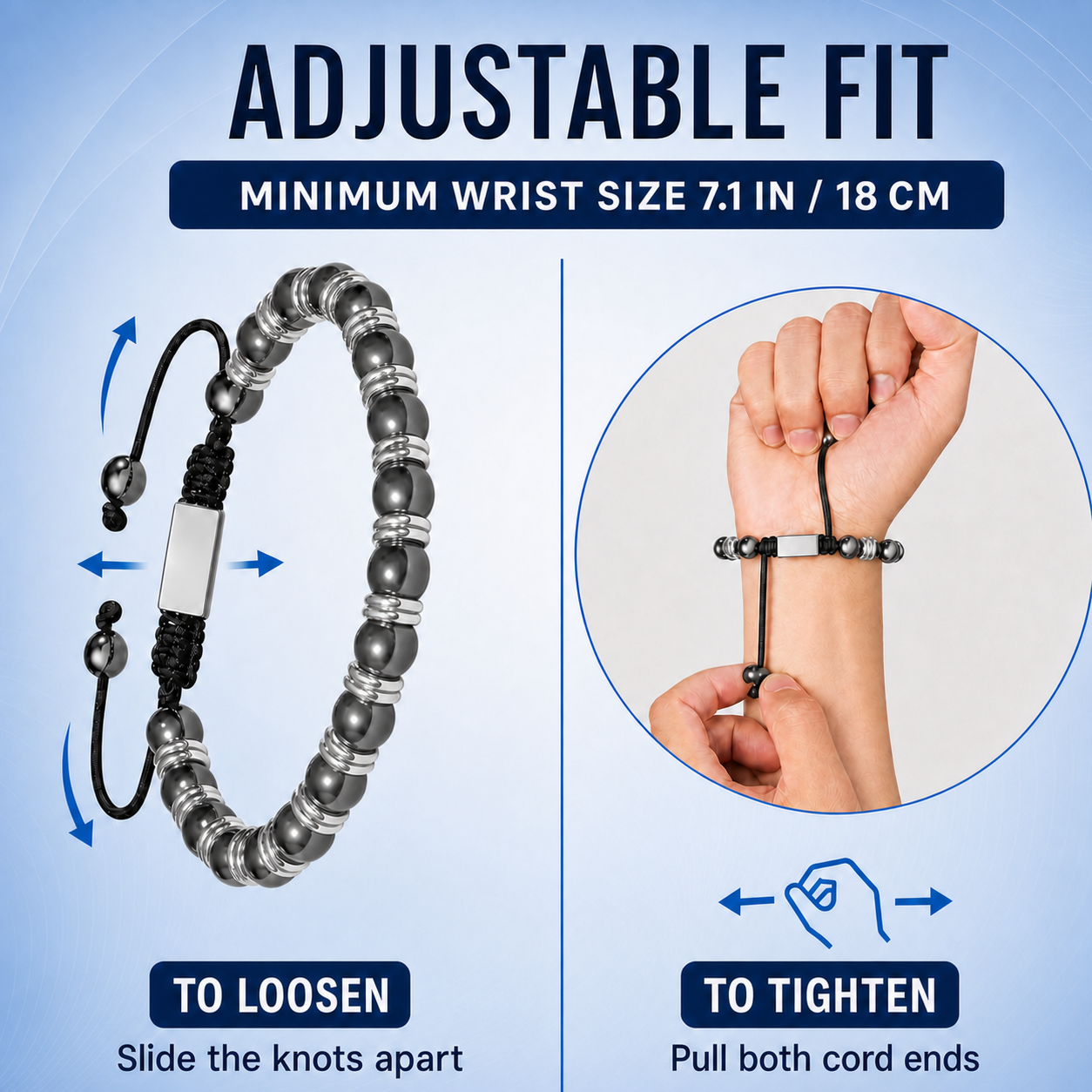 Bracelet réglable pour homme en hématite Hematiteforce Silver Rhythm