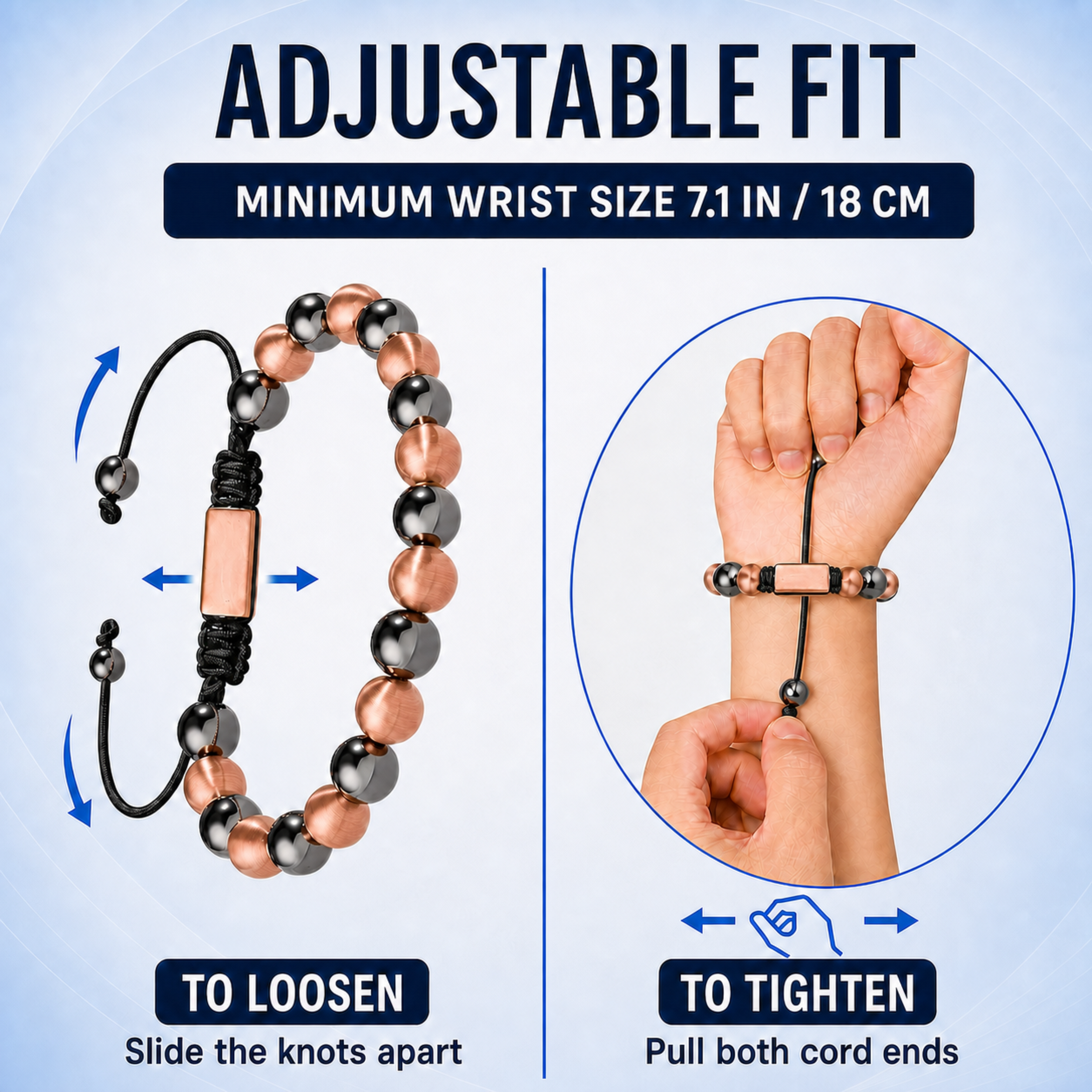 Bracelet ajustable en hématite Hematiteforce, cuivre rose brossé, pour homme