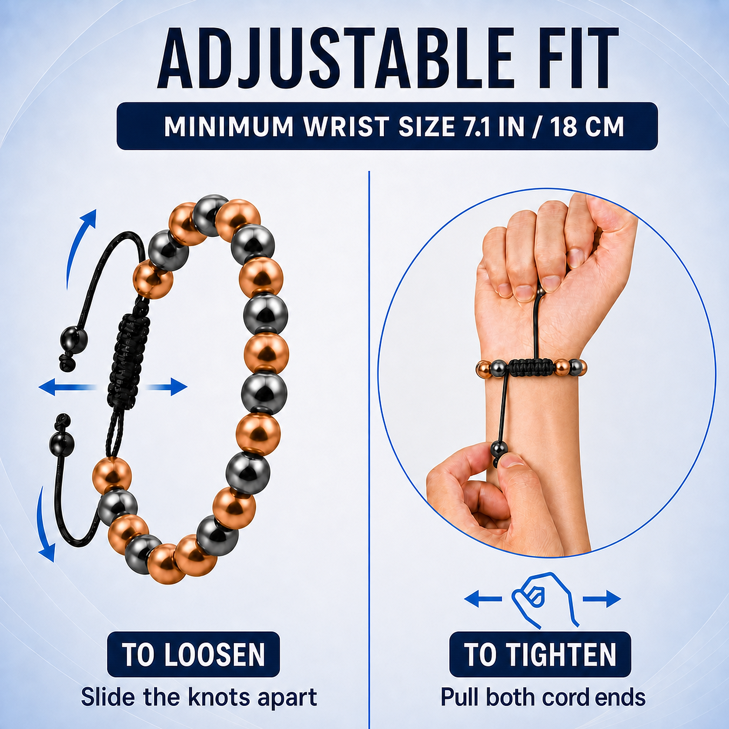 Bracelet en hématite réglable pour hommes Hematiteforce en hématite polie cuivre rosé