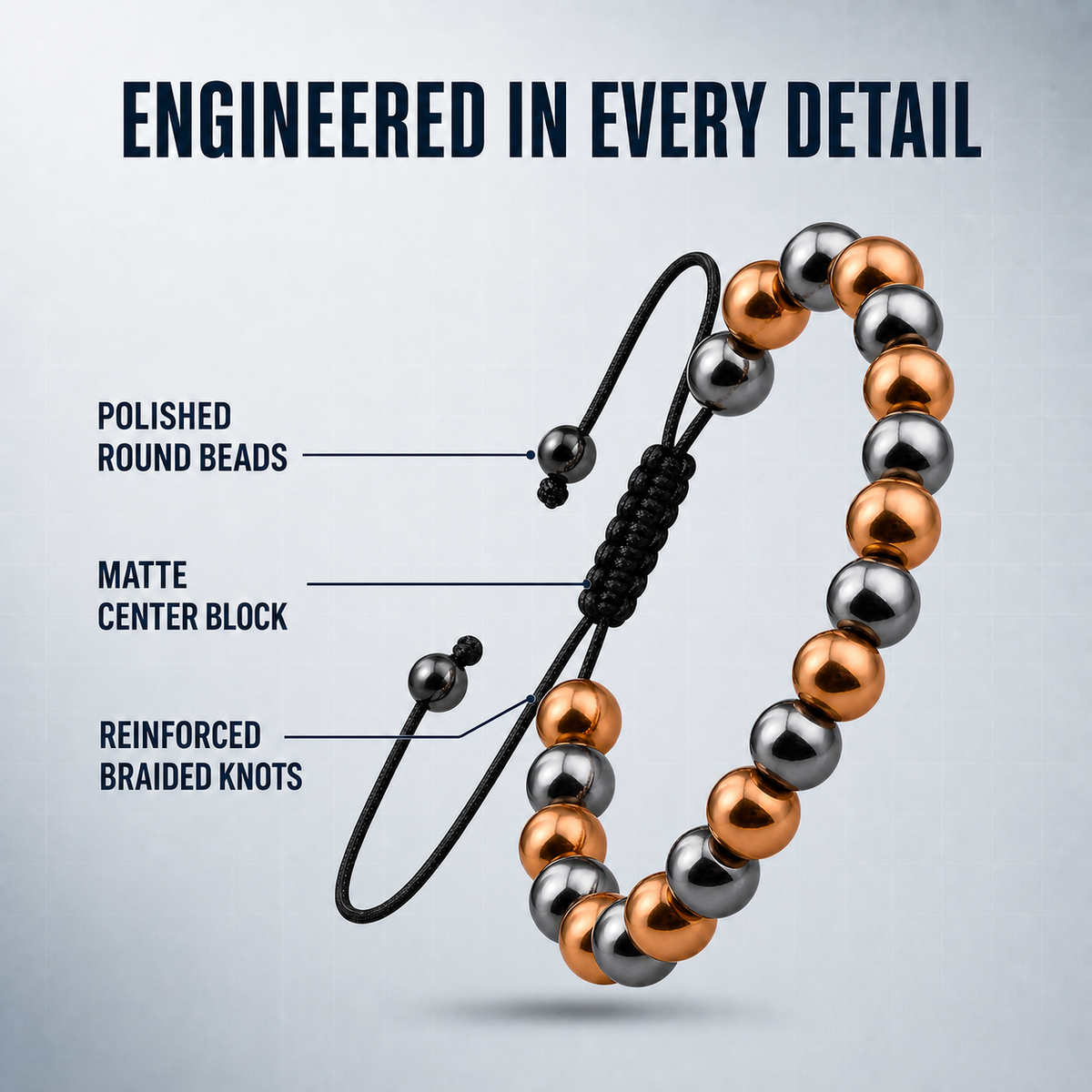 Hematiteforce Polished Rose Copper Adjustable Hematite Bracelet for Men
