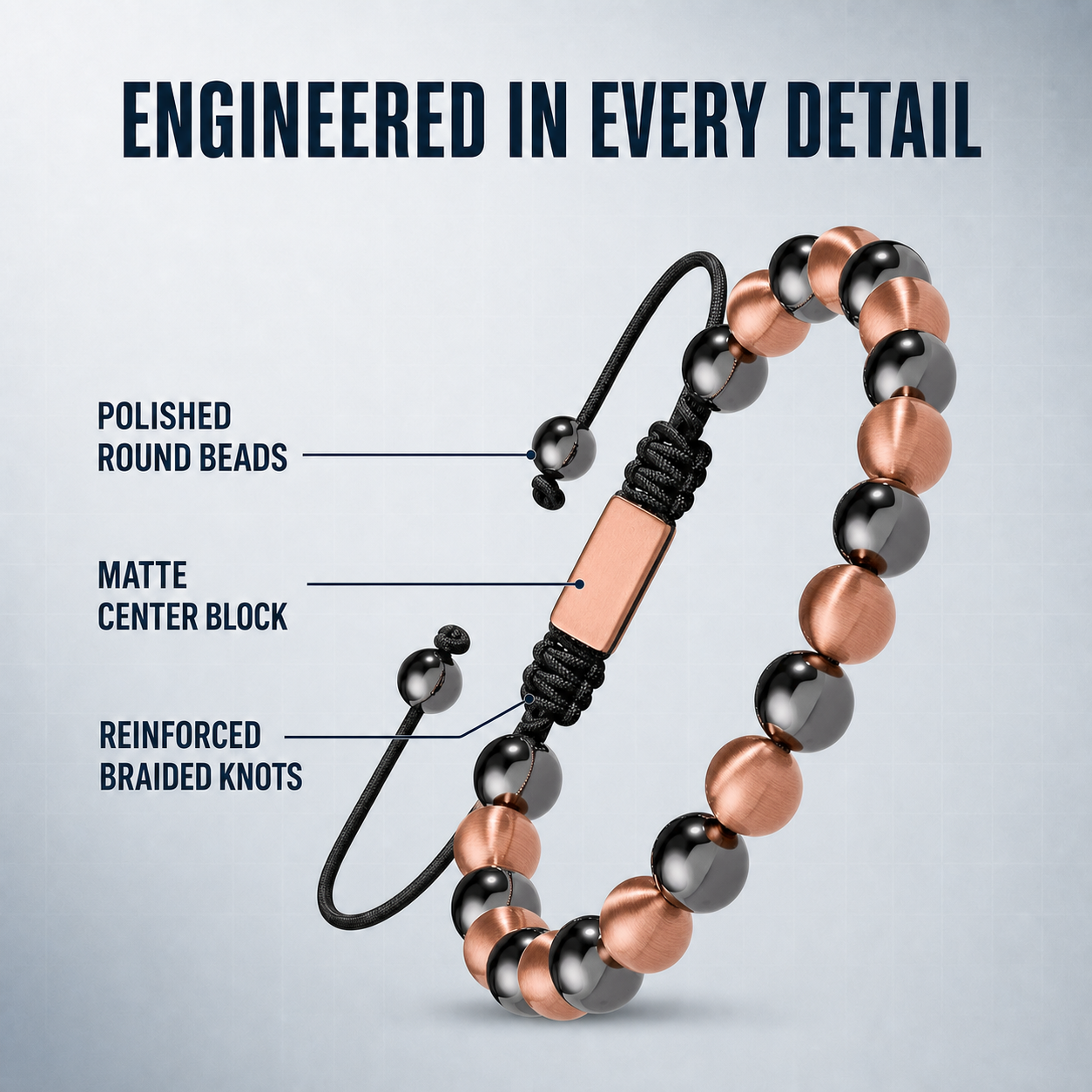 Hematiteforce Brushed Rose Copper Adjustable Hematite Bracelet for Men