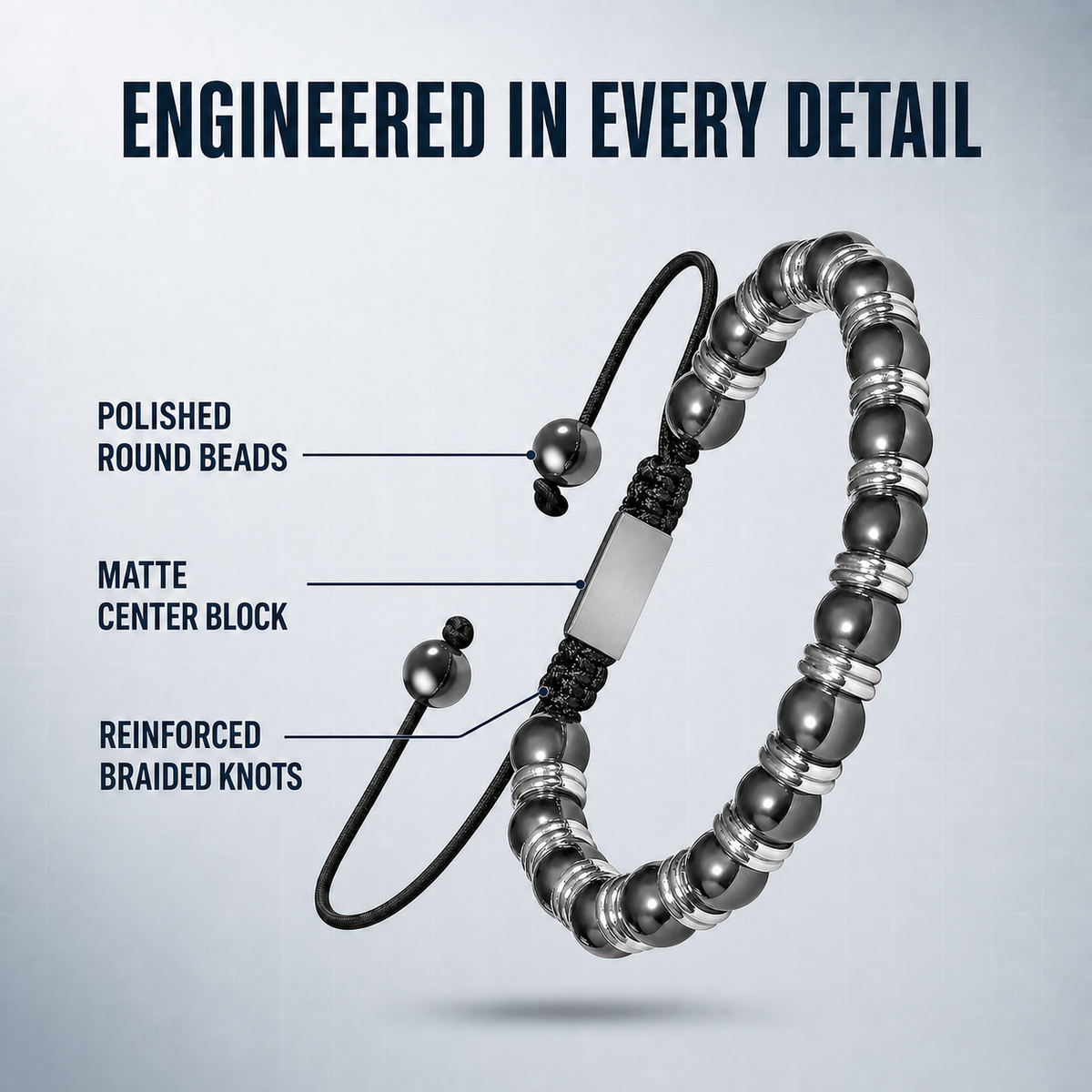 Hematiteforce Silver Rhythm Adjustable Hematite Bracelet for Men