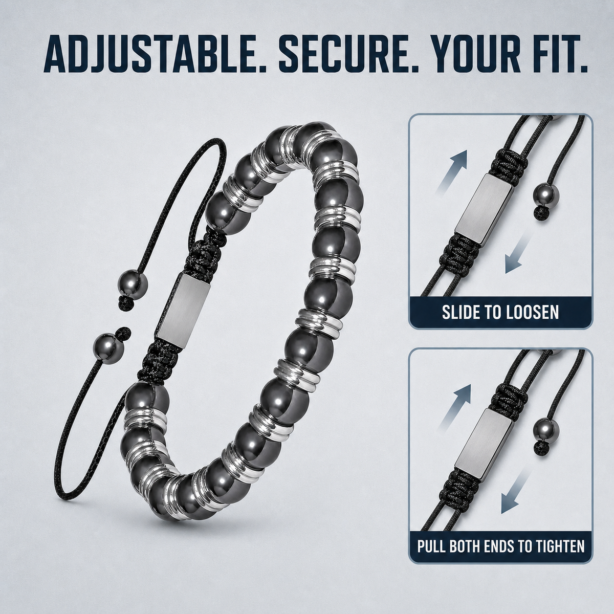 Hematiteforce Silver Rhythm Adjustable Hematite Bracelet for Men