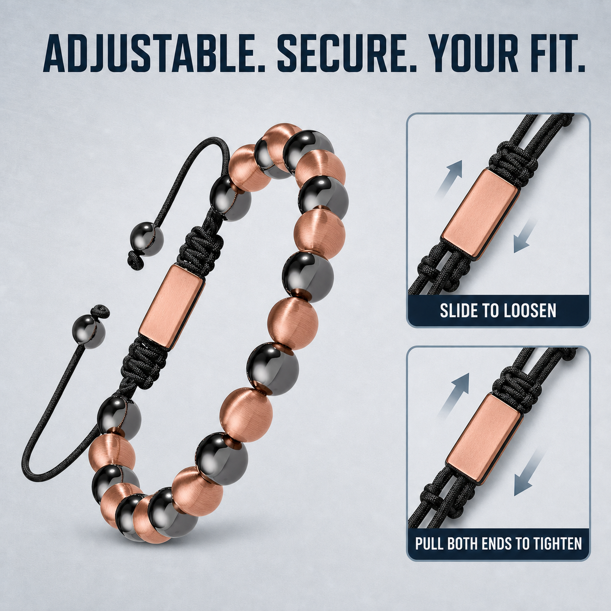 Hematiteforce Brushed Rose Copper Adjustable Hematite Bracelet for Men