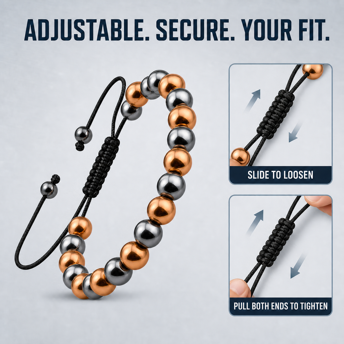 Hematiteforce Polished Rose Copper Adjustable Hematite Bracelet for Men