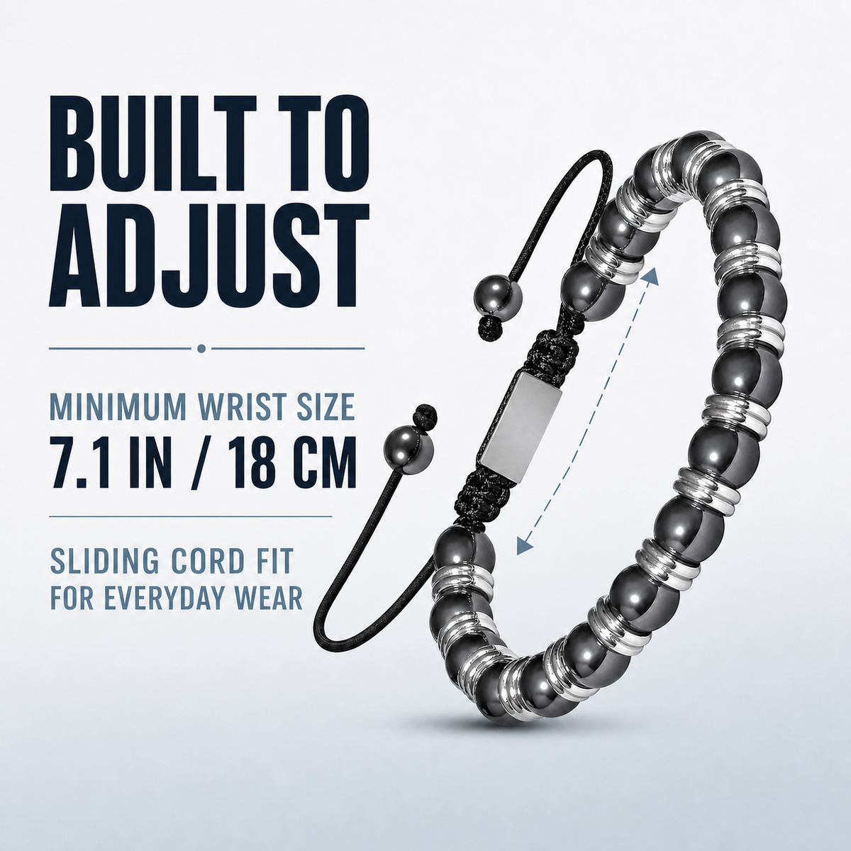 Hematiteforce Silver Rhythm Adjustable Hematite Bracelet for Men
