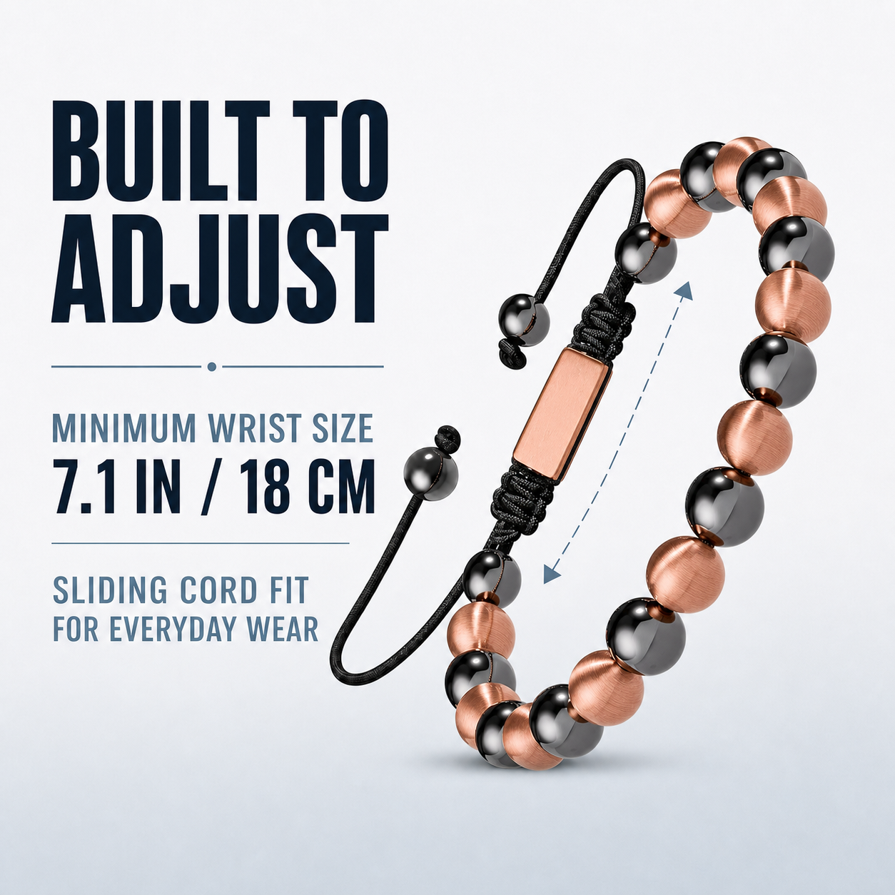 Hematiteforce Brushed Rose Copper Adjustable Hematite Bracelet for Men