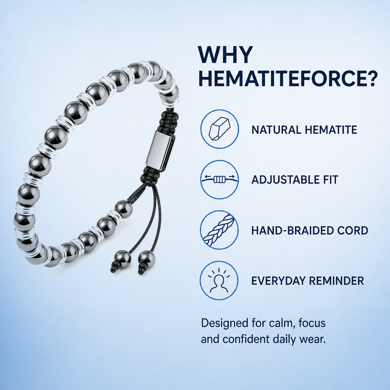 Hematiteforce Silver Rhythm Adjustable Hematite Bracelet for Men