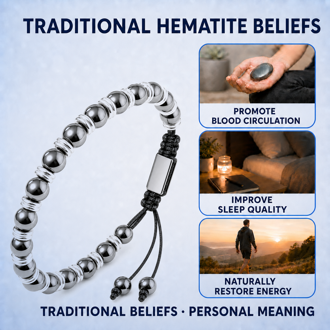 Hematiteforce Silver Rhythm Adjustable Hematite Bracelet for Men