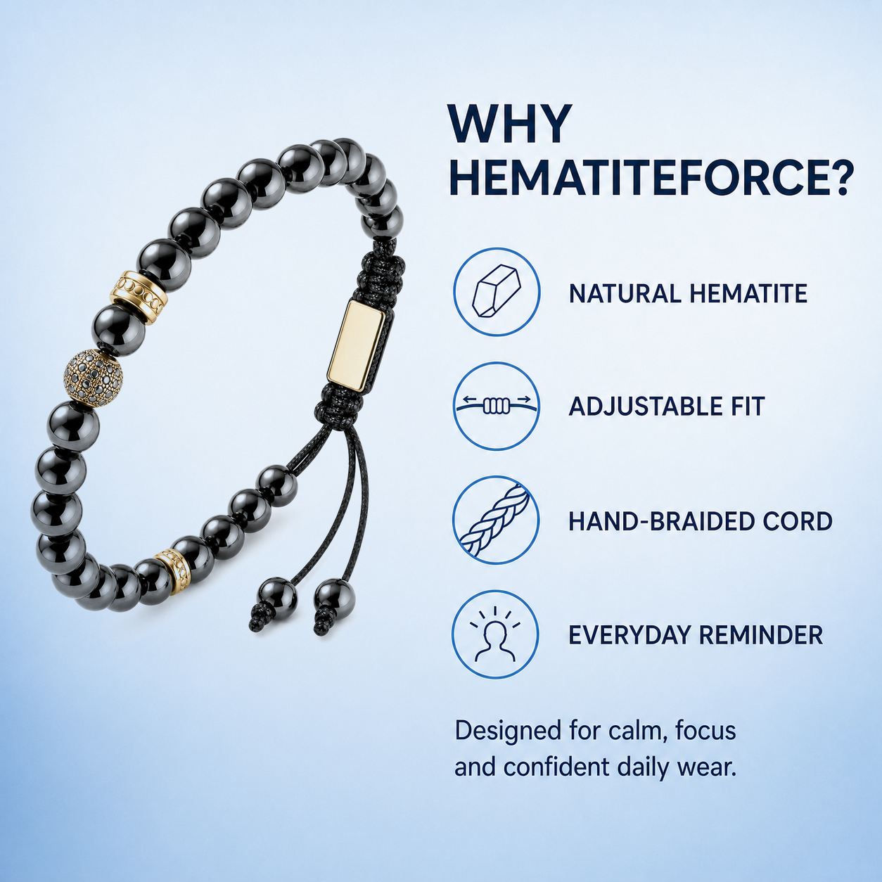 Hematiteforce Zeus Gold Adjustable Hematite Bracelet for Men