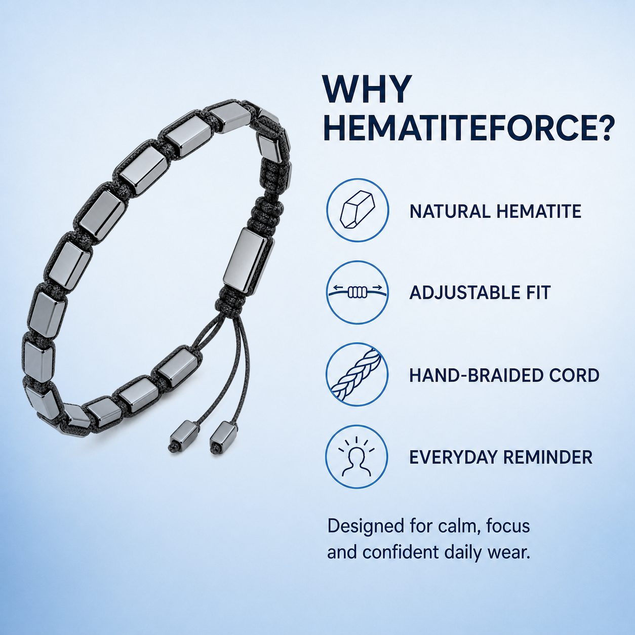 Hematiteforce Classic Adjustable Hematite Bracelet for Men
