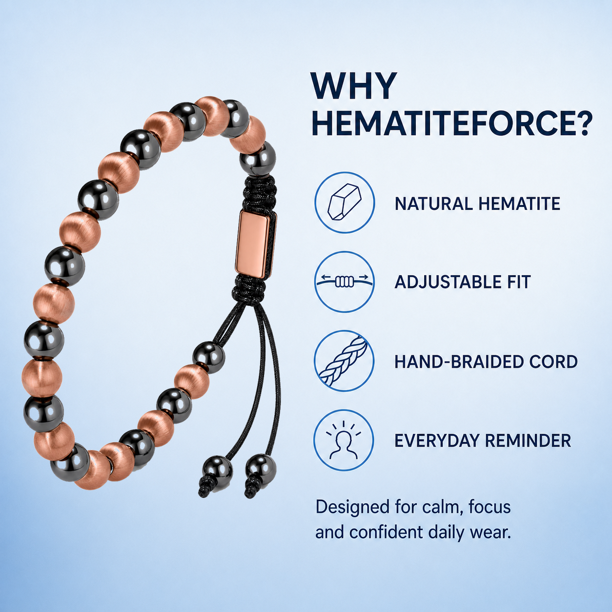 Hematiteforce Brushed Rose Copper Adjustable Hematite Bracelet for Men