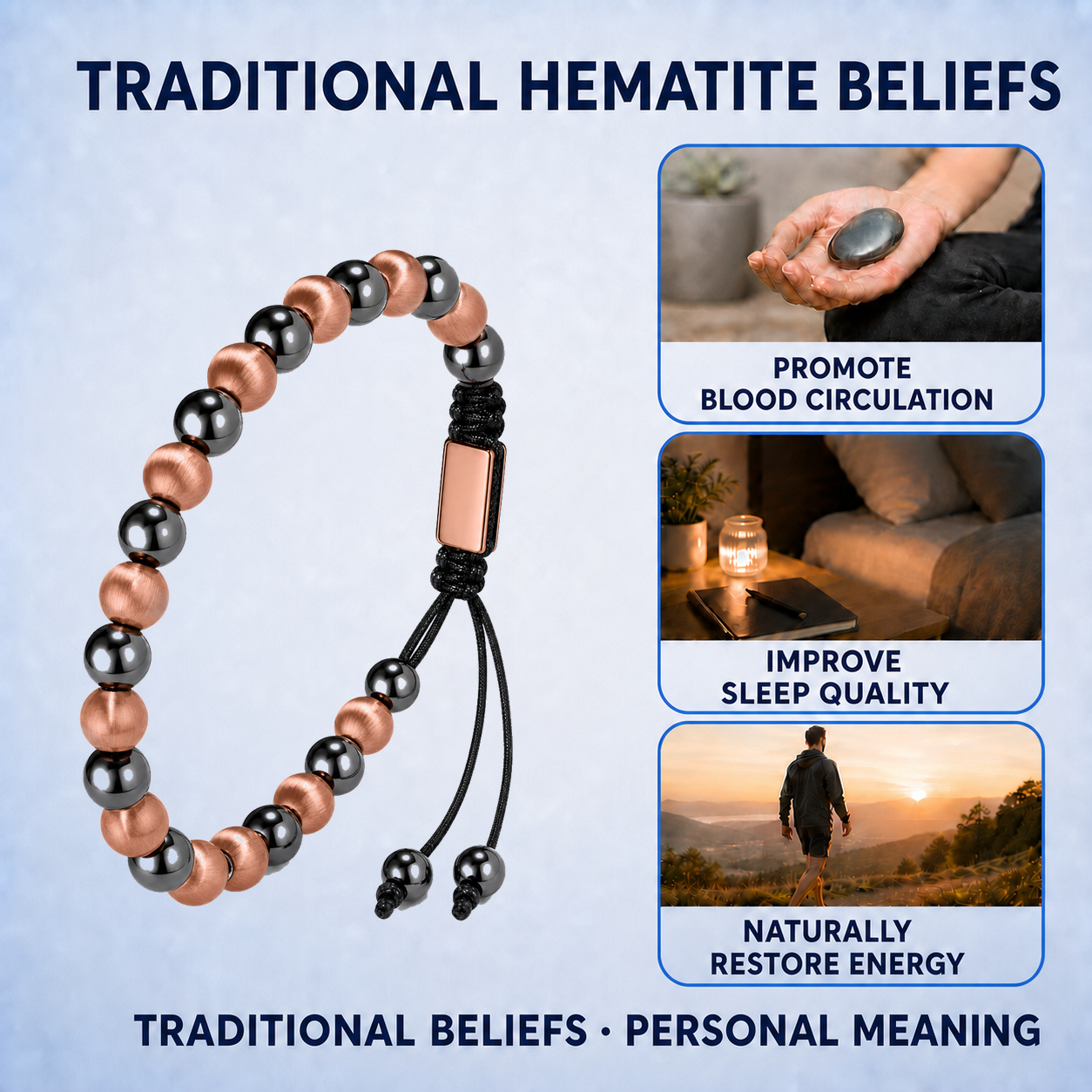 Hematiteforce Brushed Rose Copper Adjustable Hematite Bracelet for Men