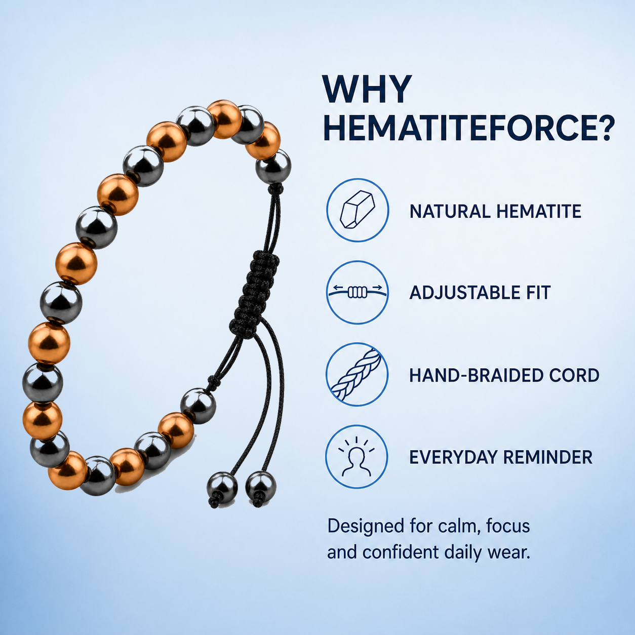 Hematiteforce Polished Rose Copper Adjustable Hematite Bracelet for Men