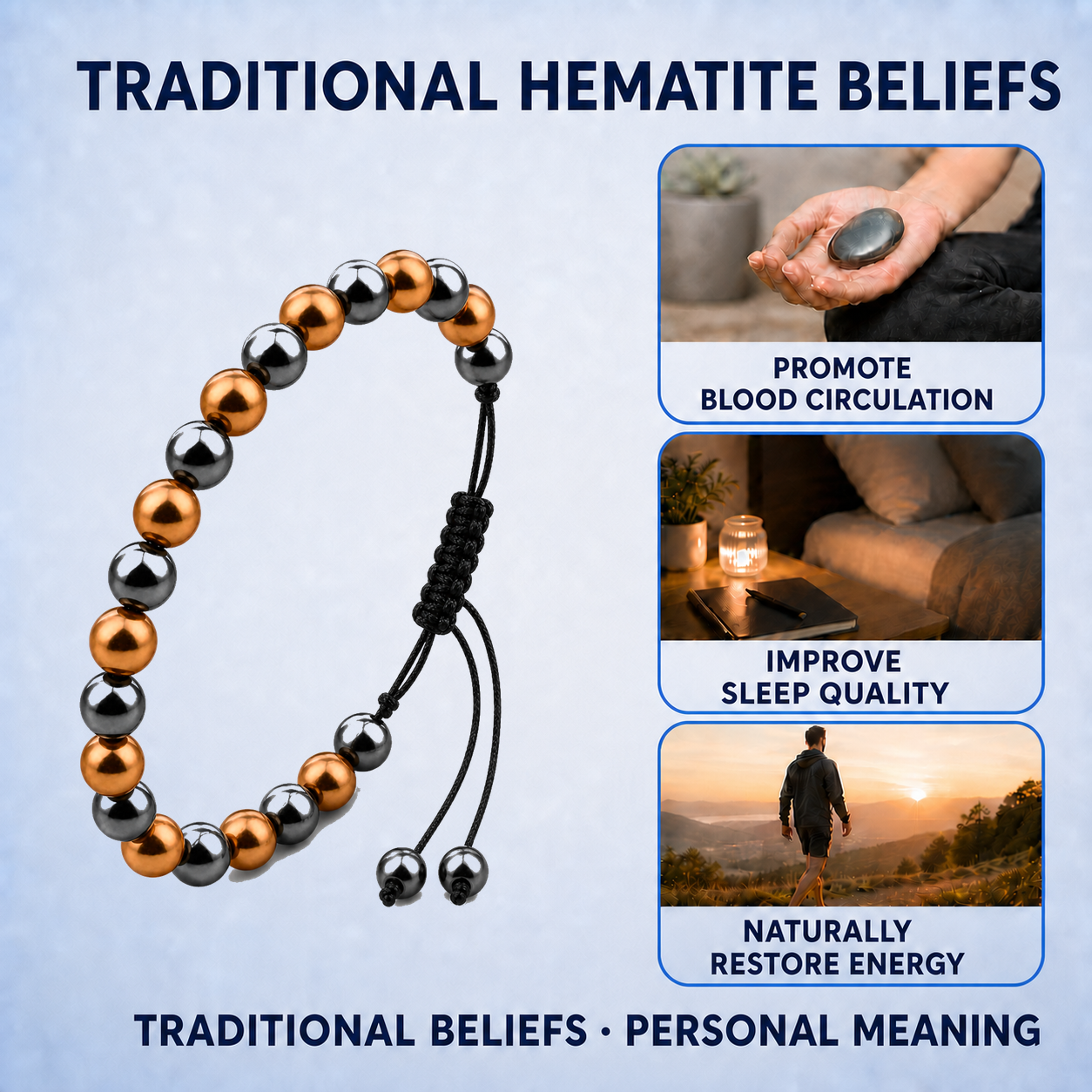 Hematiteforce Polished Rose Copper Adjustable Hematite Bracelet for Men