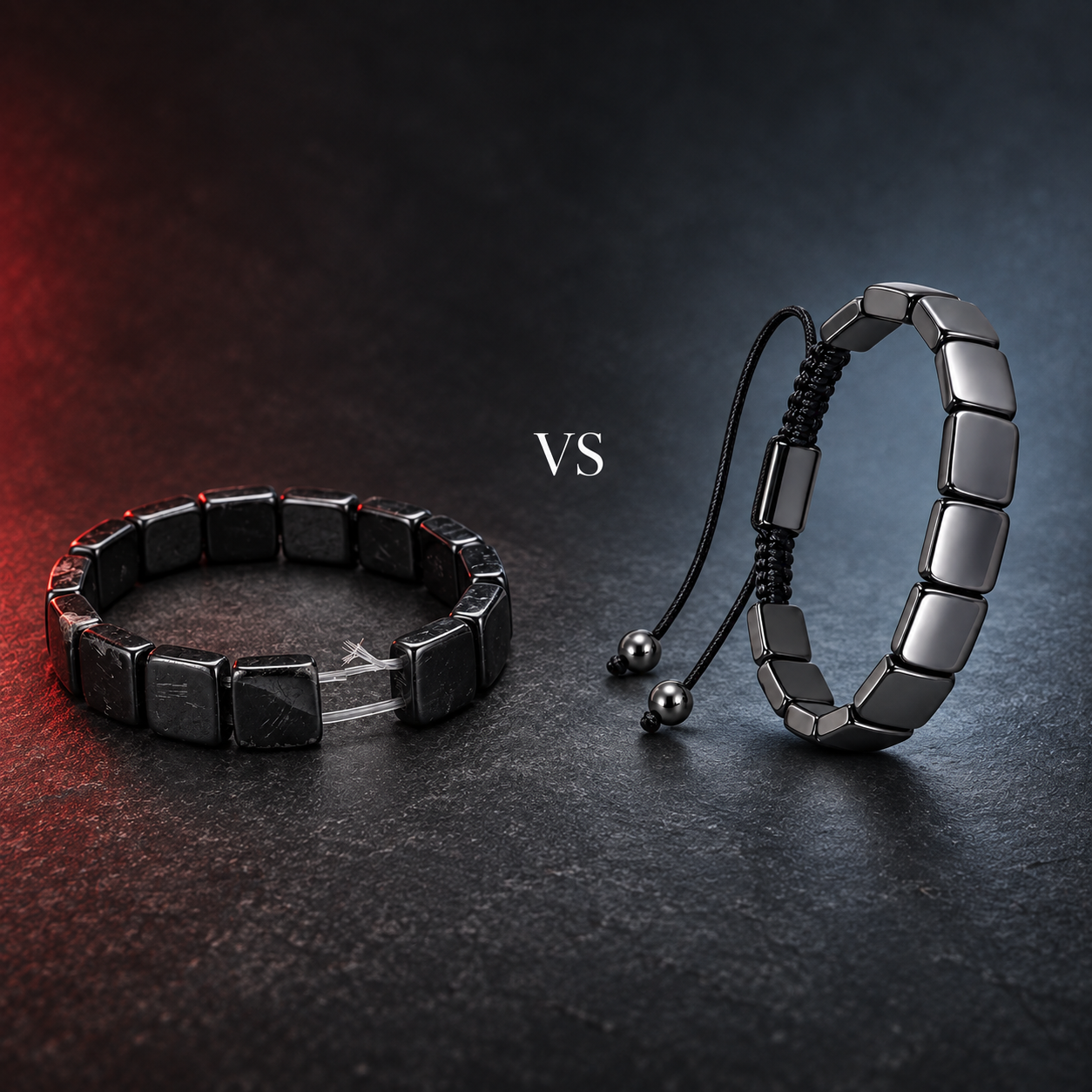 VS comparison of an ordinary broken elastic bracelet and the braided adjustable Hematiteforce bracelet