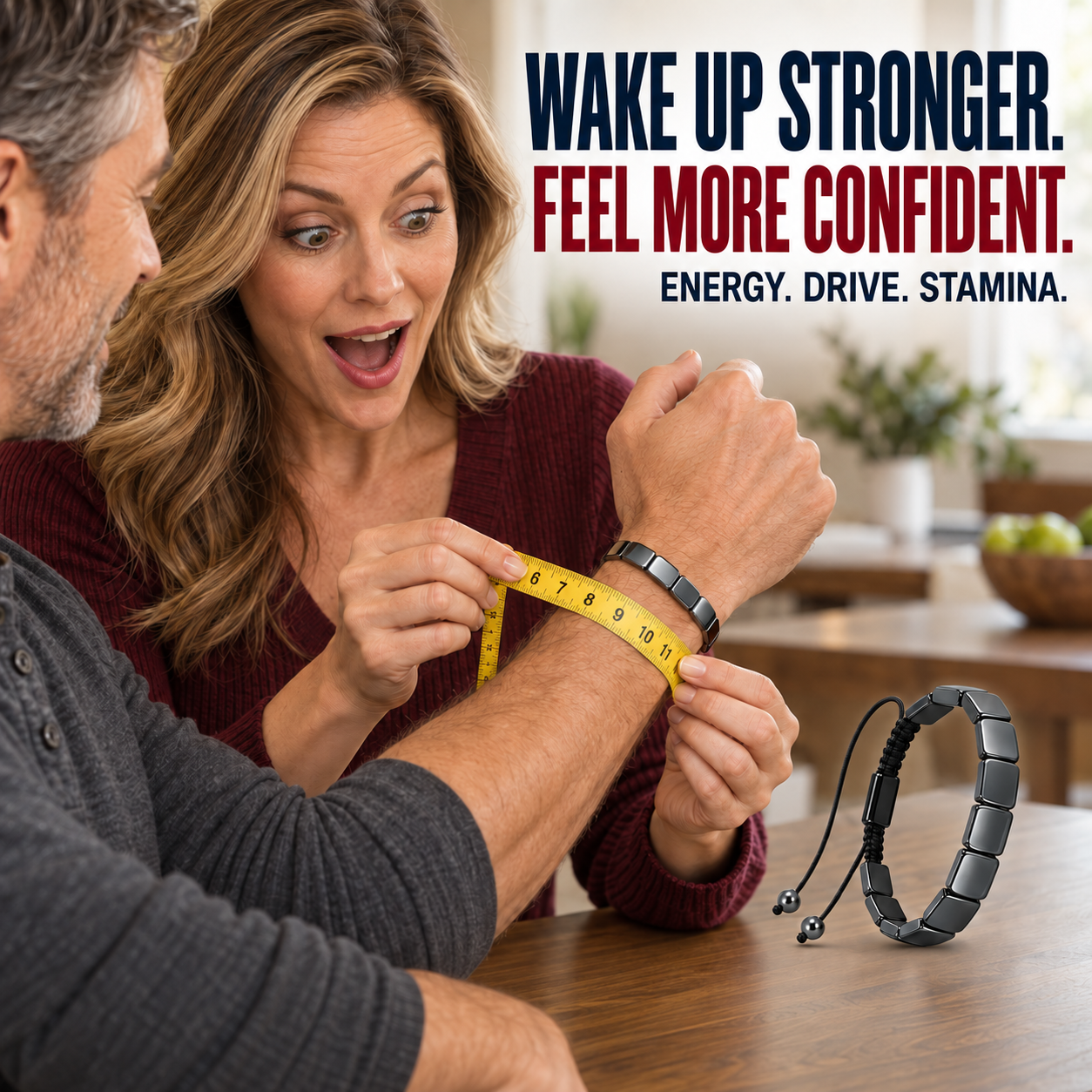 A man wearing the Iron Resolve hematite bracelet in an everyday setting