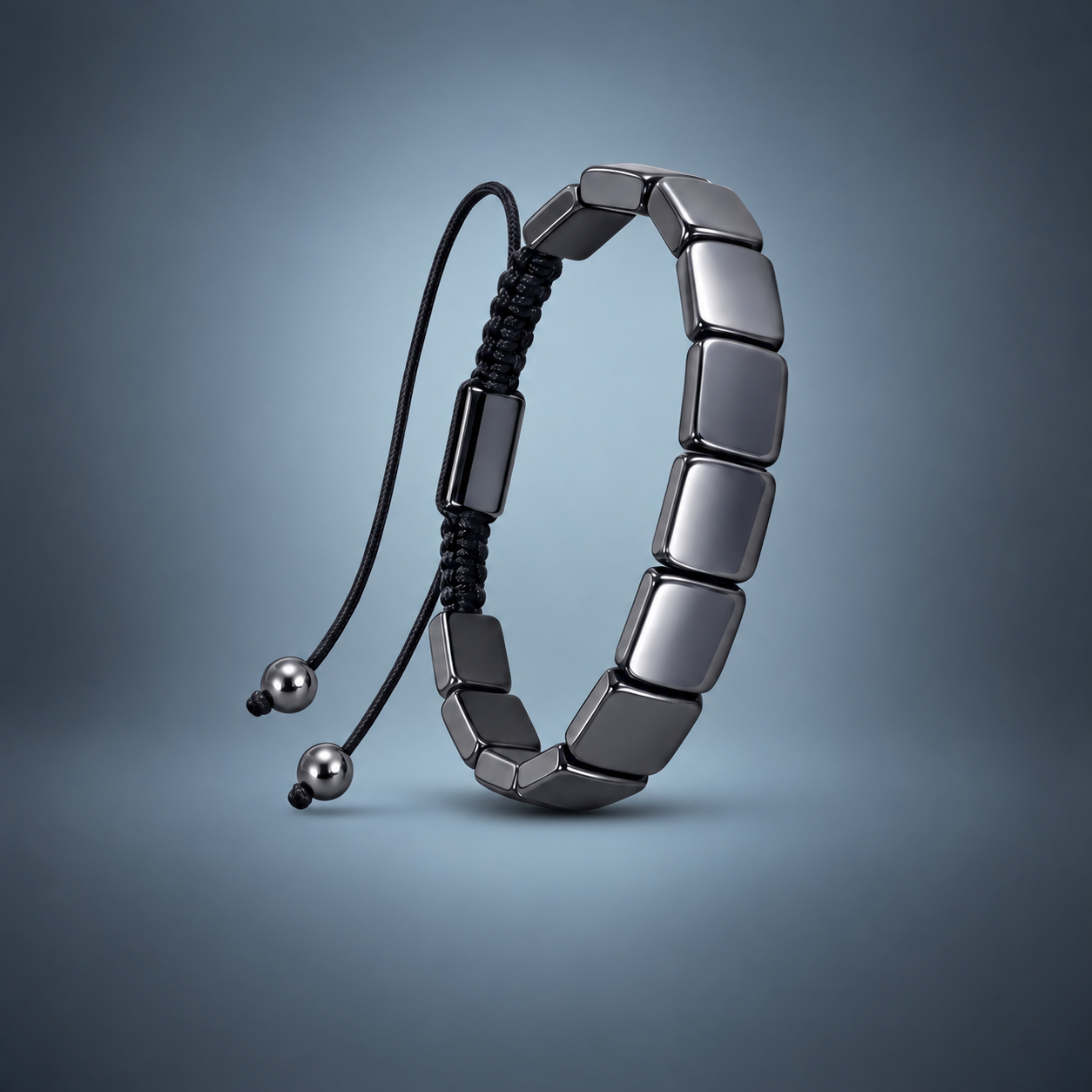 Hematiteforce bracelet with hand-braided adjustable cord