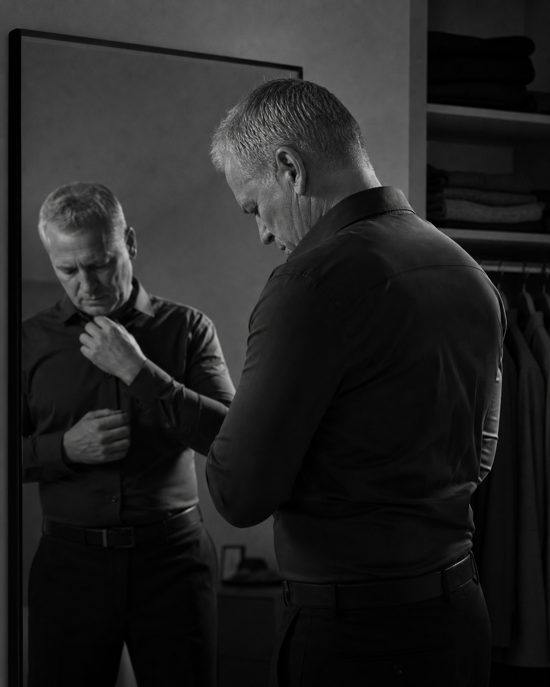 Man looking down while standing in front of a mirror