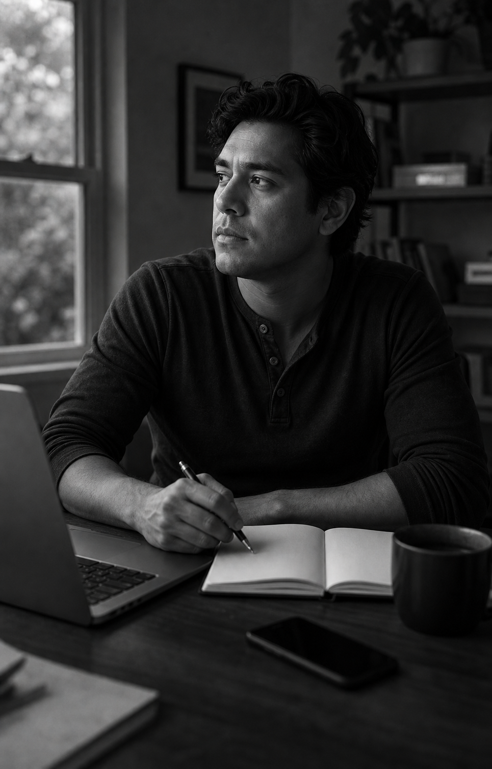 Distracted man sitting at a desk with an open notebook
