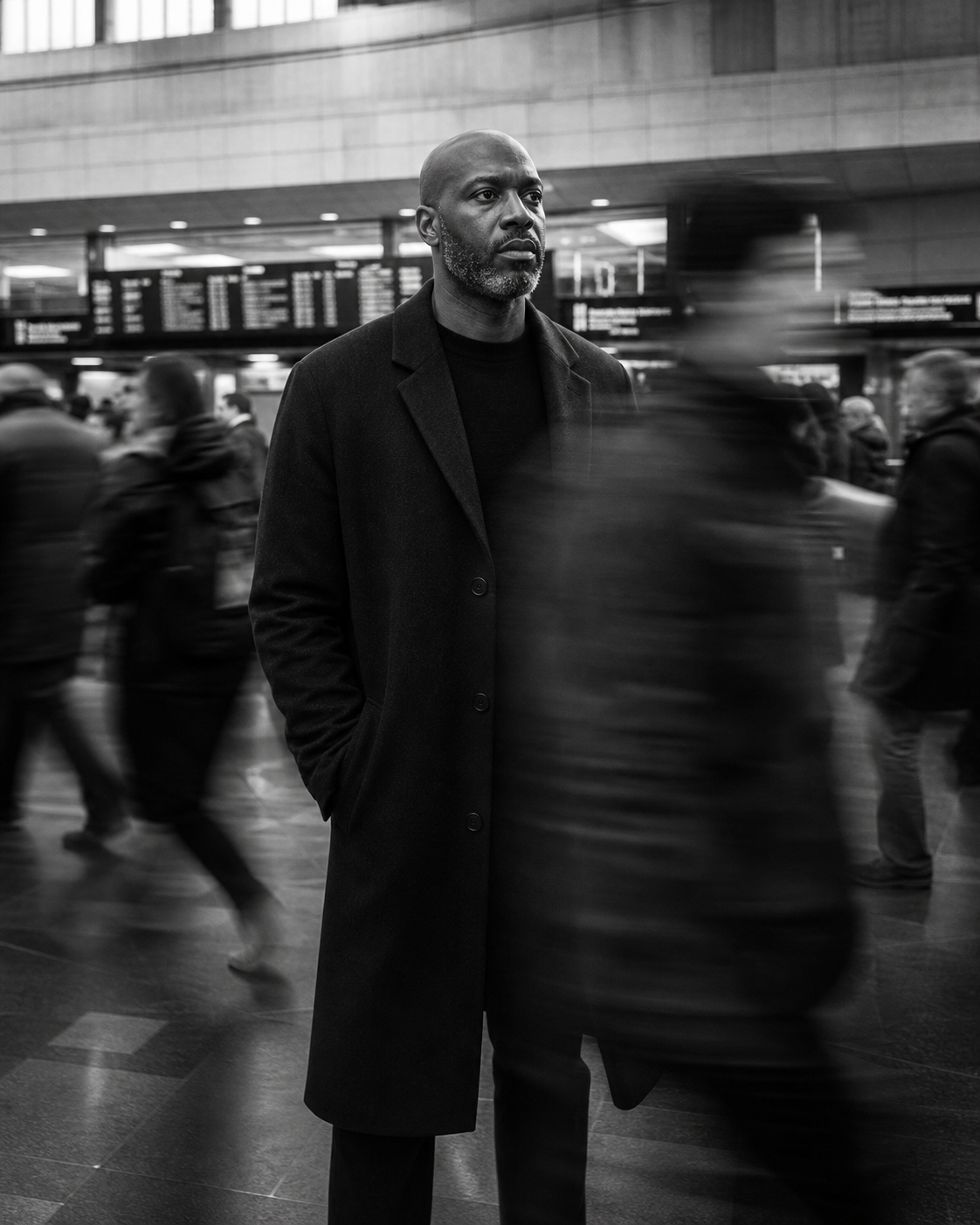 Man standing still in a fast-moving station crowd