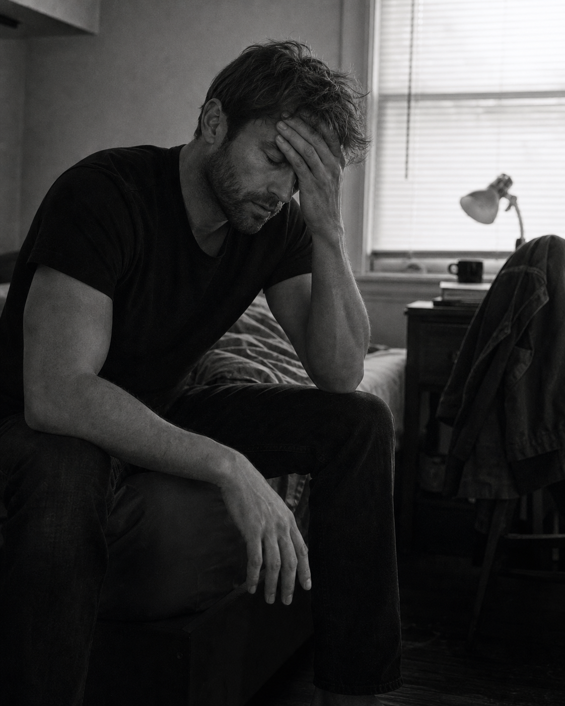 Tired man sitting at the edge of a bed